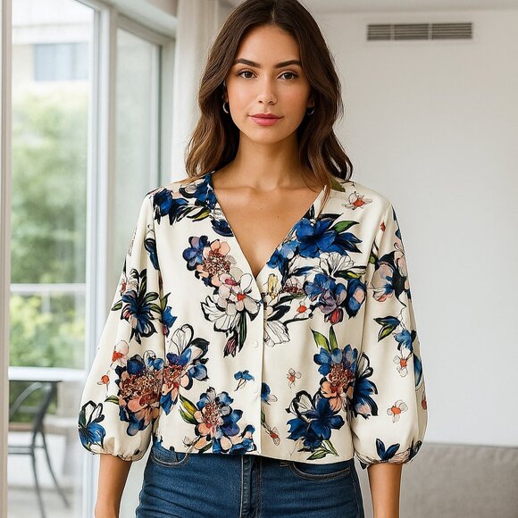 Zara Tops - Zara Women Crop Top Balloon Sleeves Button Up Ballon Sleeves Tropical Artsy M